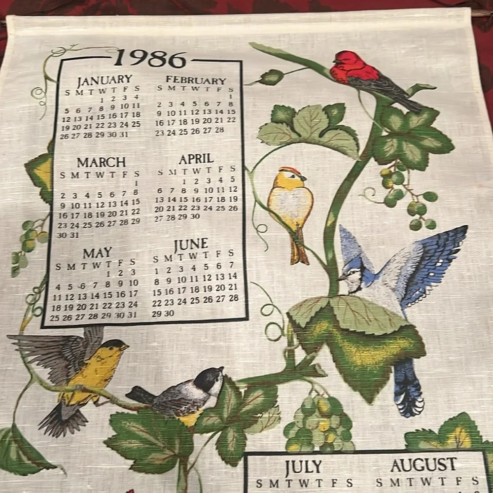 Vintage antique 1986 cloth calendar kitchen ready to hang EUC cardinals